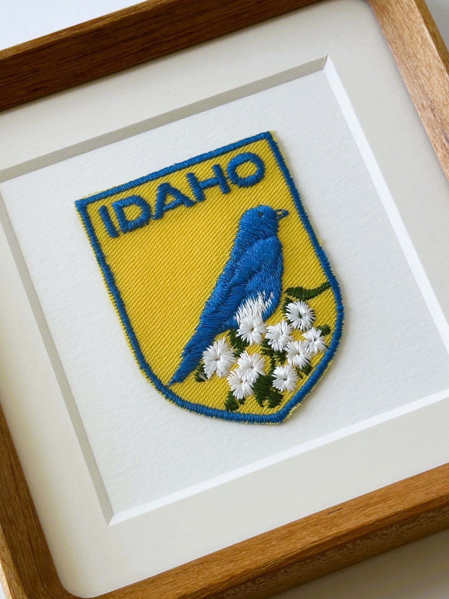 Idaho State Bird and Flowers Vintage Travel Patch Wood Framed
