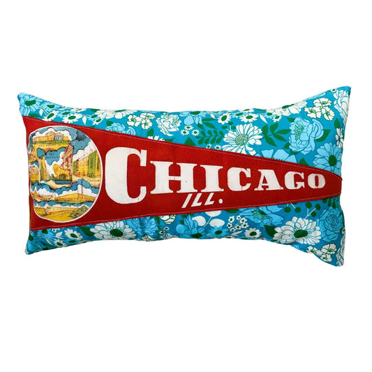 Illinois Chicago Large Red Vintage Pennant on New Woven Floral Throw Pillow