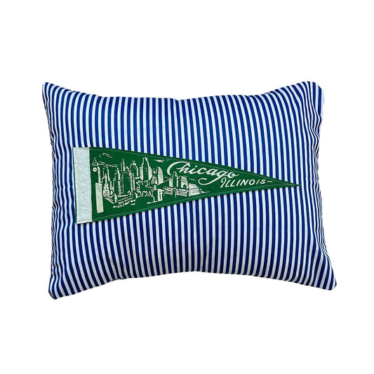 Illinois Chicago Green Vintage Pennant on New Woven Navy Striped Throw Pillow