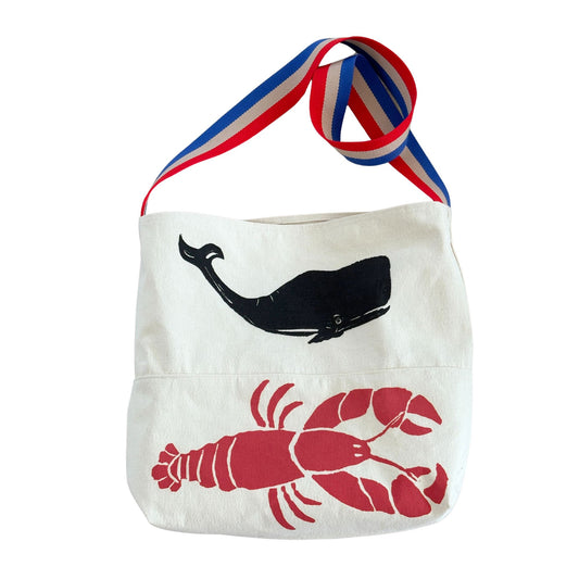 Lobster & Whale Block Print Design Americana Strap Larger Tote Bag