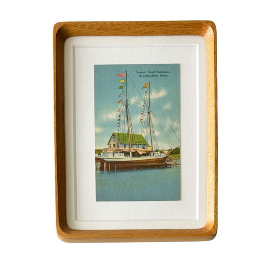 Maine Kennebunkport Sailboat at Docks 1950's Vintage Linen Framed Postcard