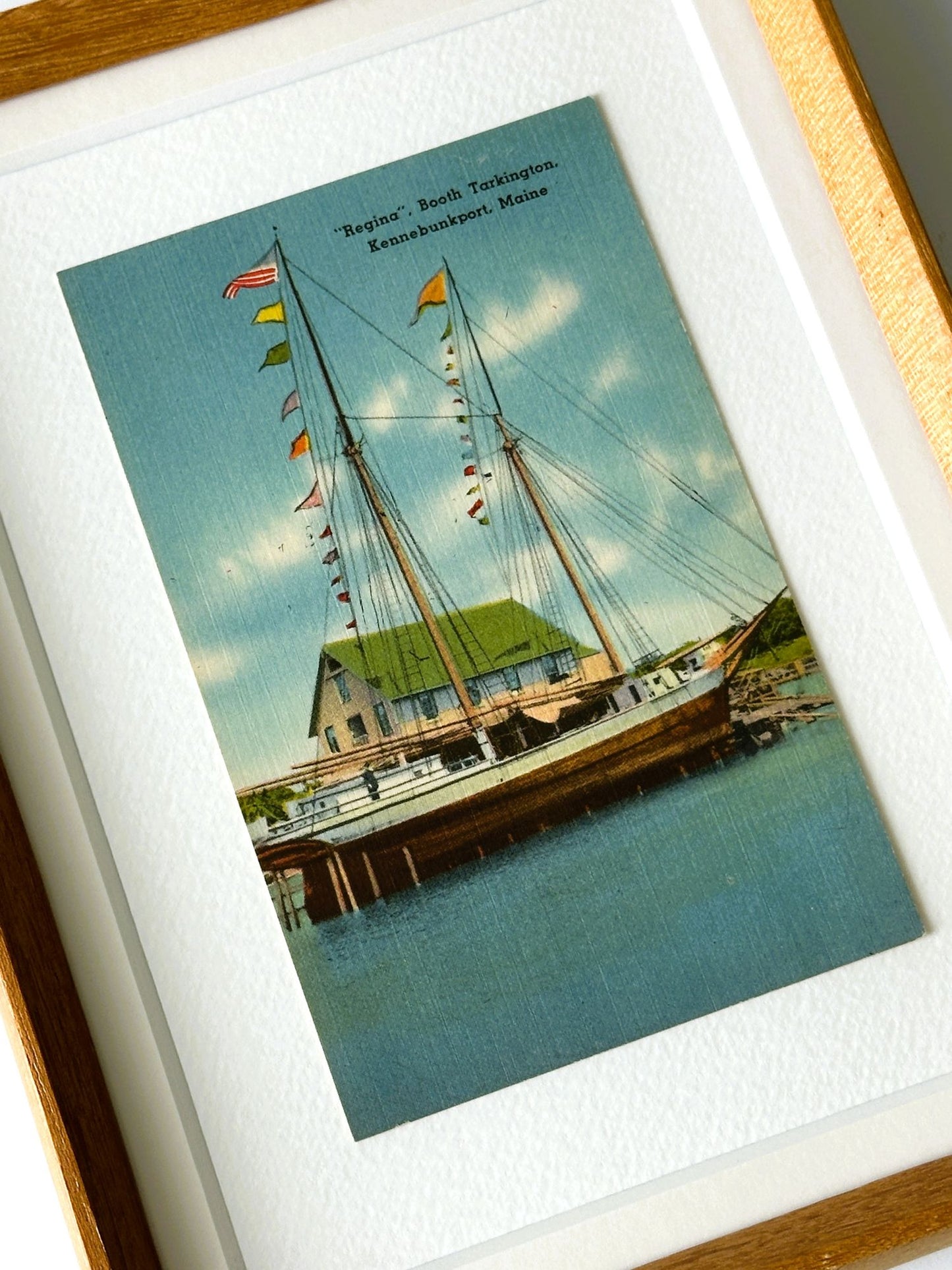 Maine Kennebunkport Sailboat at Docks 1950's Vintage Linen Framed Postcard