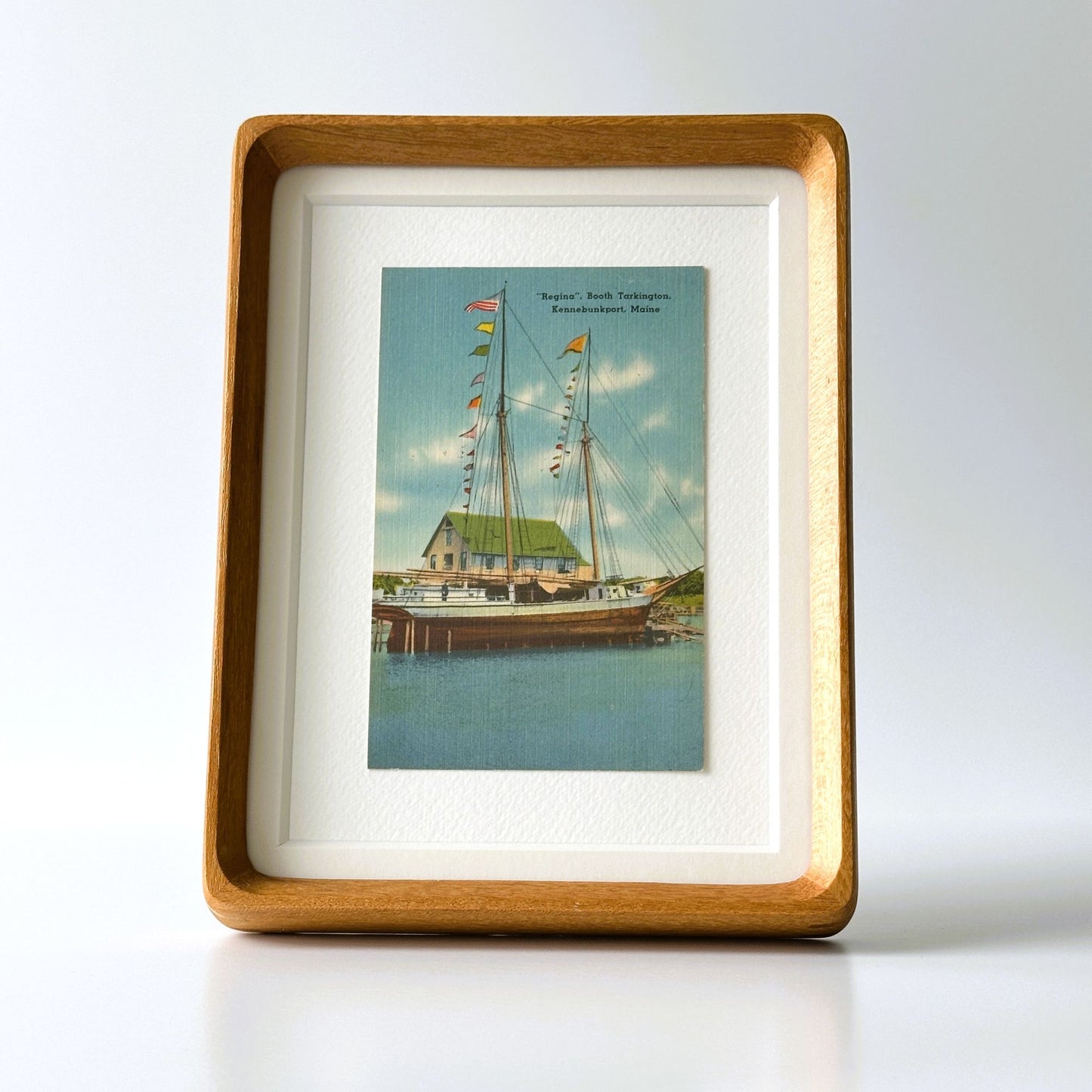 Maine Kennebunkport Sailboat at Docks 1950's Vintage Linen Framed Postcard