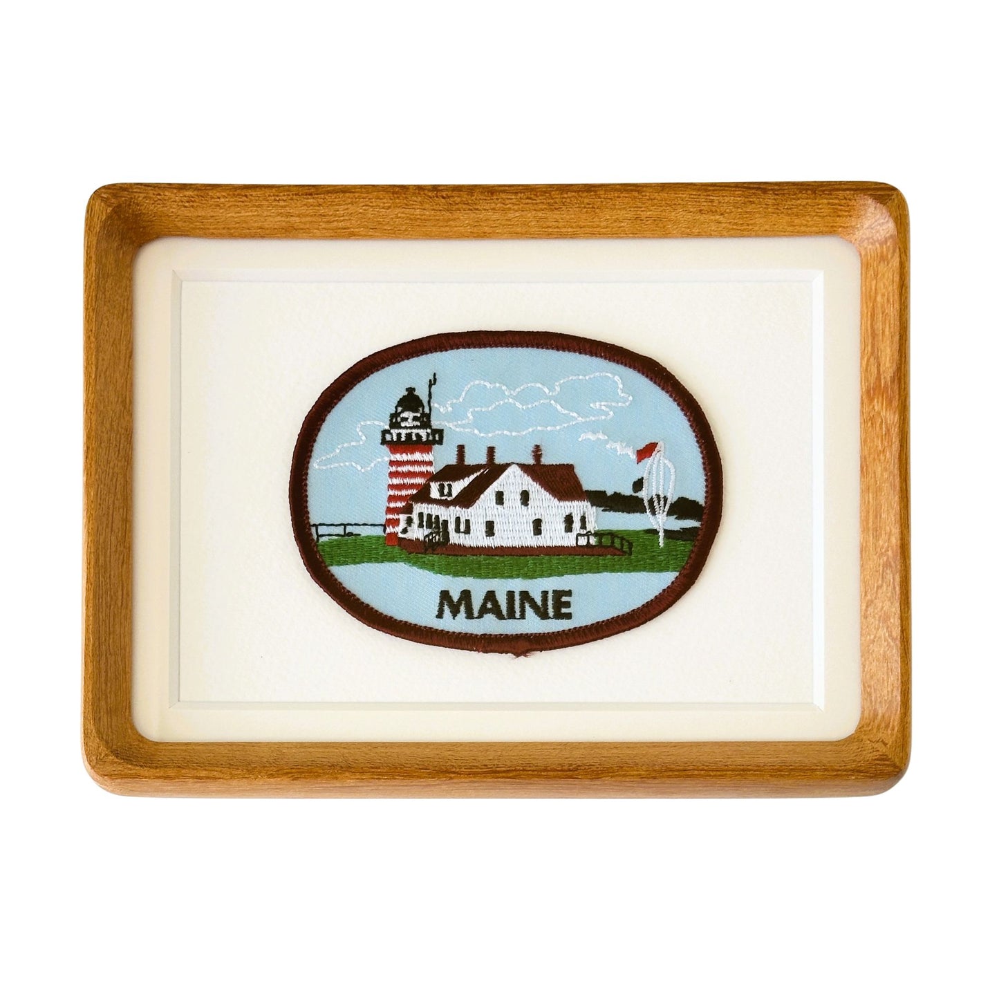 Maine Lighthouse Large Vintage Travel Patch Wood Framed