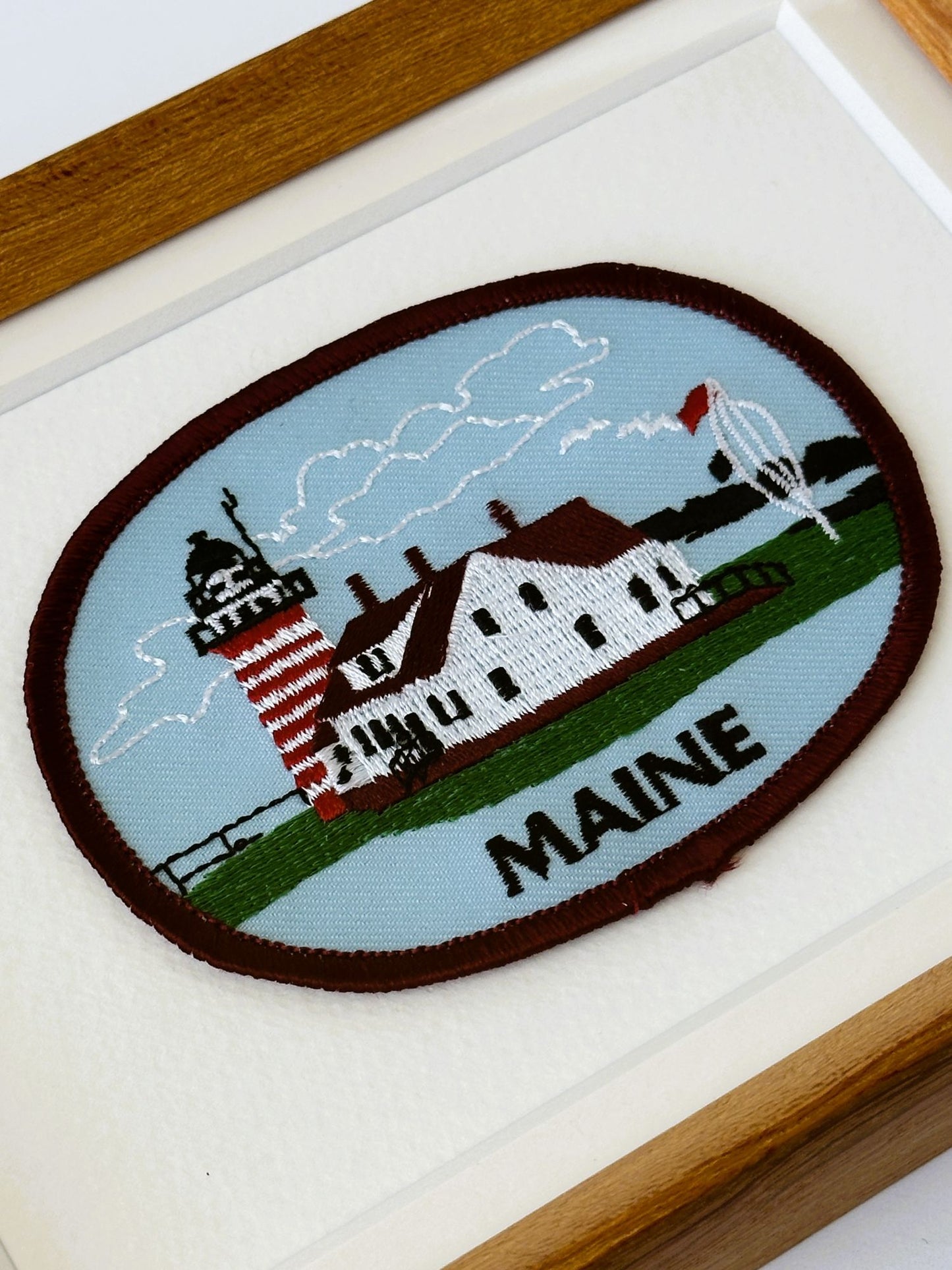 Maine Lighthouse Large Vintage Travel Patch Wood Framed