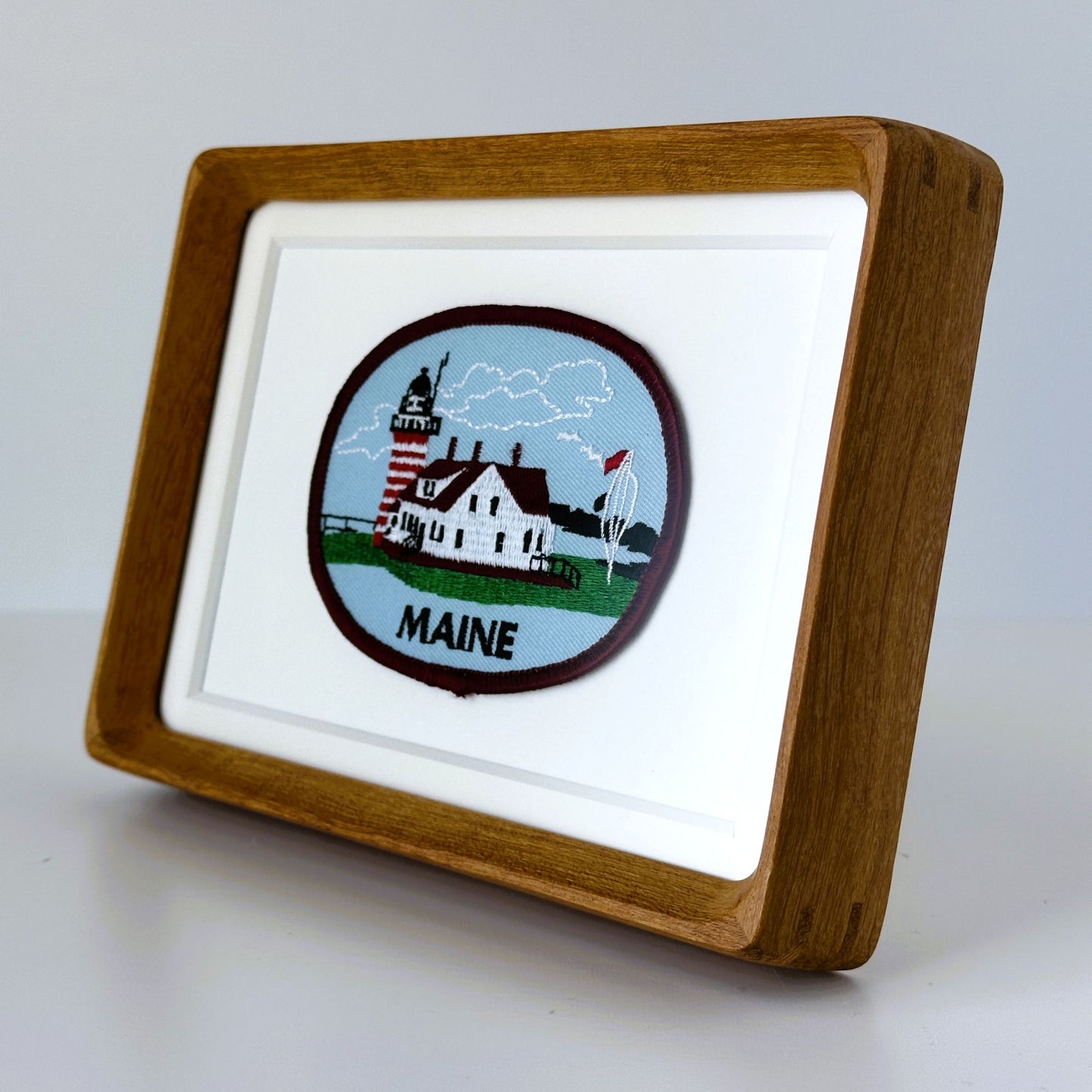 Maine Lighthouse Large Vintage Travel Patch Wood Framed