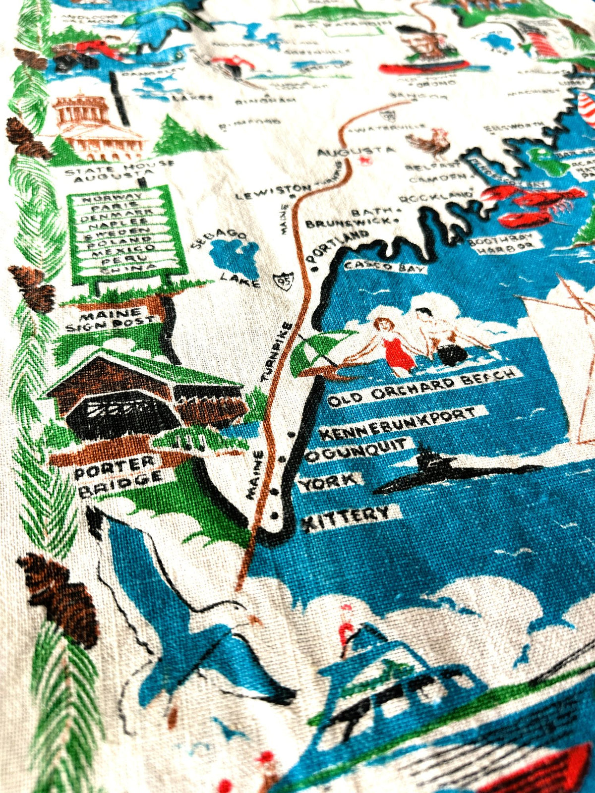 Maine Map The Pine Tree State Vintage Linen 16 x 27 inches READY TO FRAME