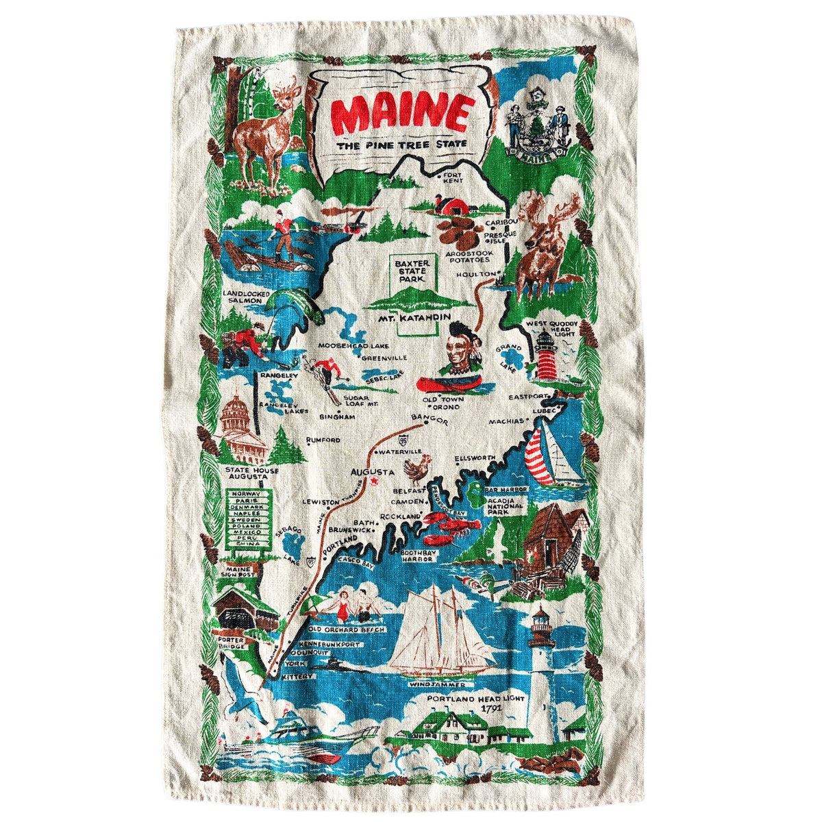 Maine Map The Pine Tree State Vintage Linen 16 x 27 inches READY TO FRAME