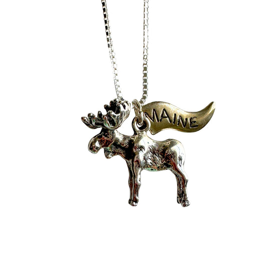 Maine Moose Sterling Silver Charm on New 18 Inch Sterling Silver Necklace