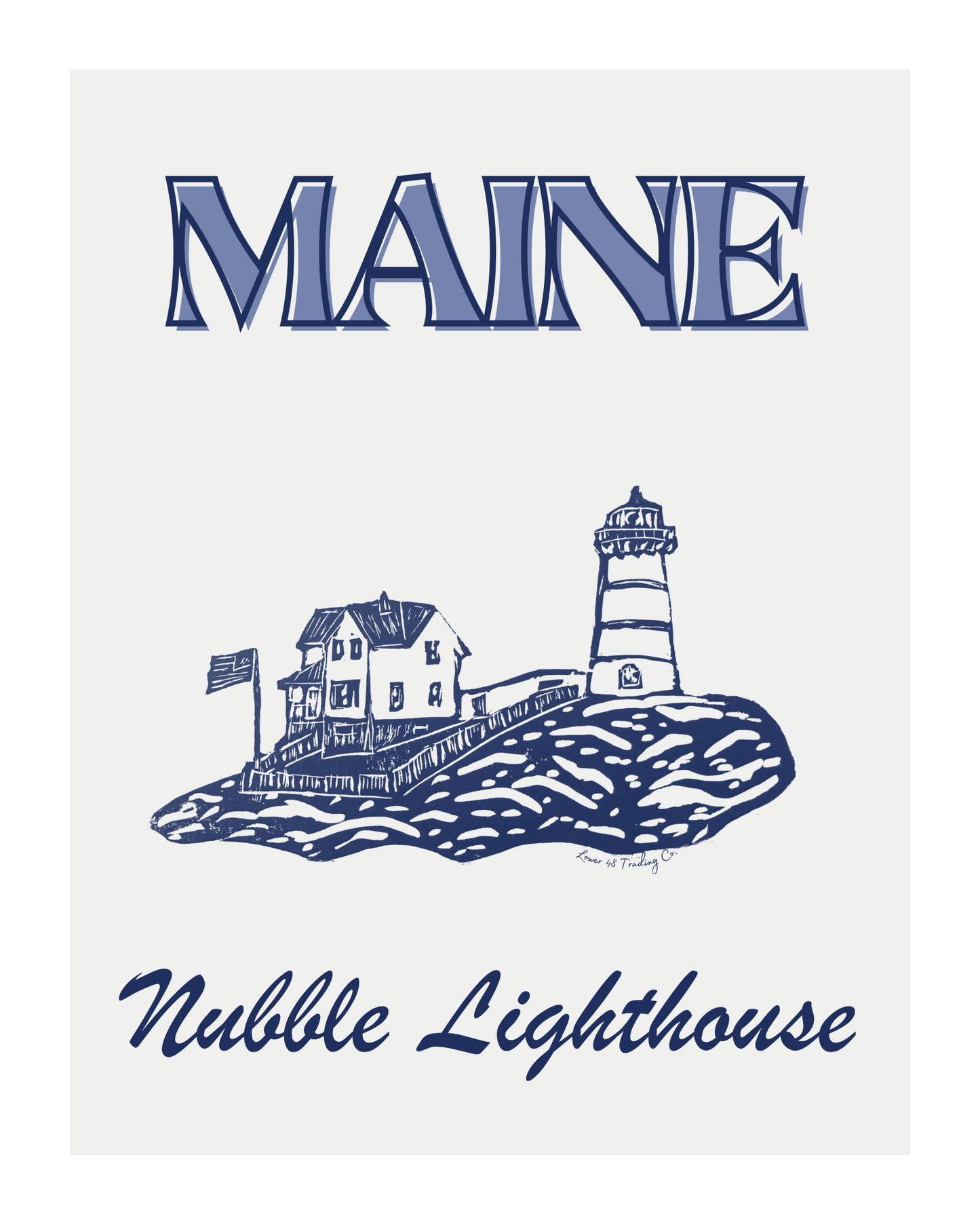Maine Nubble Lighthouse Block Print by Nikki Degn Giclee Art Print