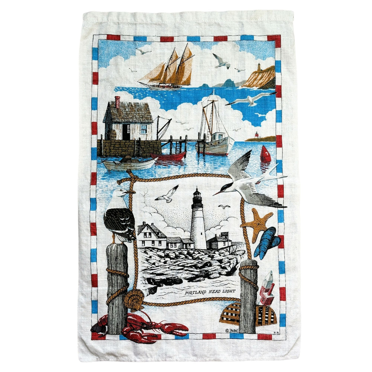 Maine Portland Head Light Cape Elizabeth Vintage Kay Dee Hand Printed Linen 16 x 26 inches READY TO FRAME