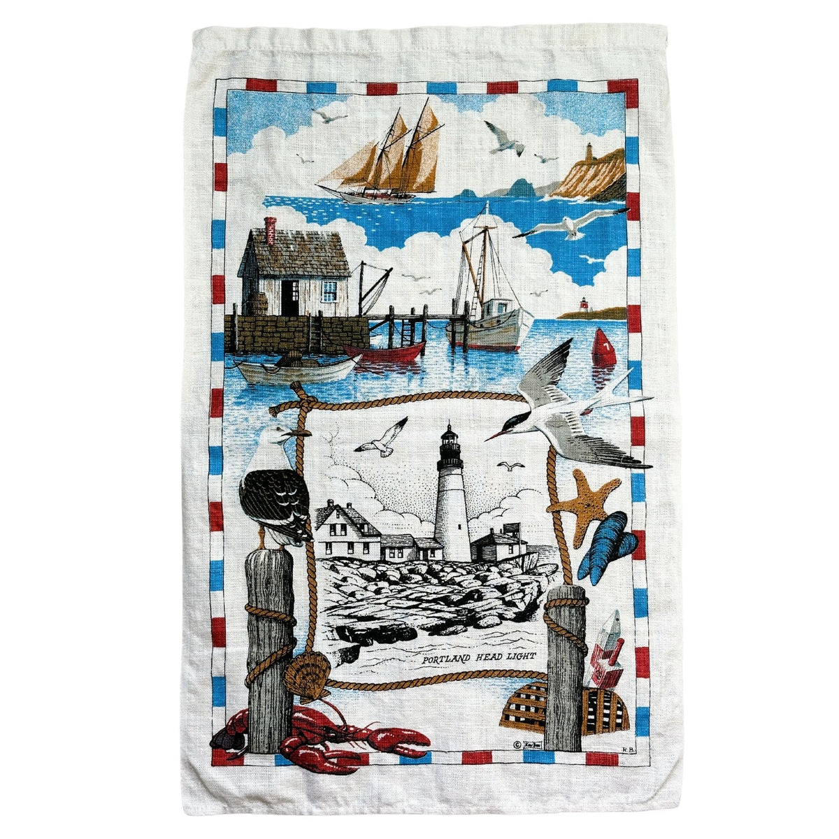 Maine Portland Head Light Cape Elizabeth Vintage Kay Dee Hand Printed Linen 16 x 26 inches READY TO FRAME Another One