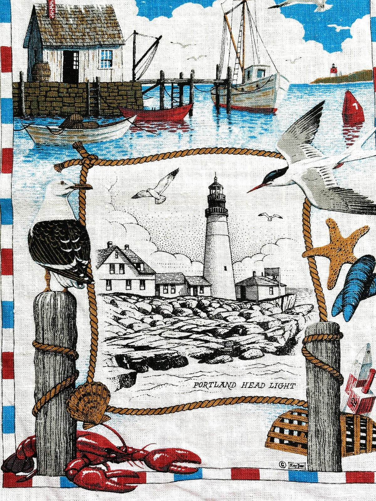 Maine Portland Head Light Cape Elizabeth Vintage Kay Dee Hand Printed Linen 16 x 26 inches READY TO FRAME Another One