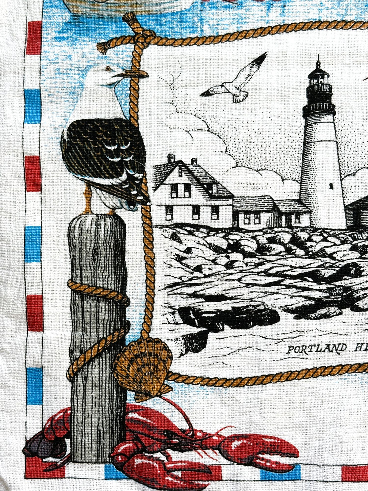 Maine Portland Head Light Cape Elizabeth Vintage Kay Dee Hand Printed Linen 16 x 26 inches READY TO FRAME