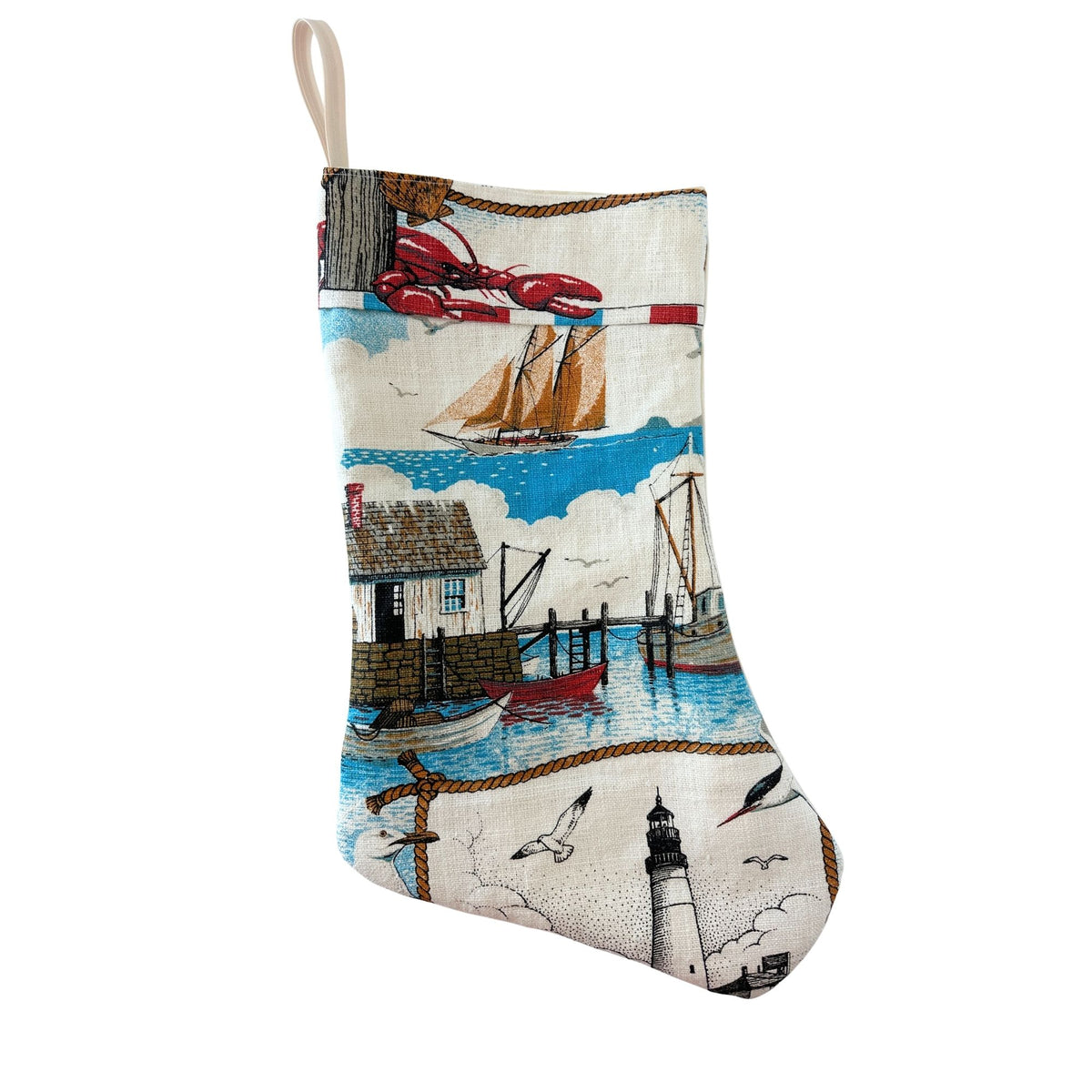 Maine Portland Head Light Nautical Lobster Vintage Hand Printed Linen Freshly Sewn Stocking