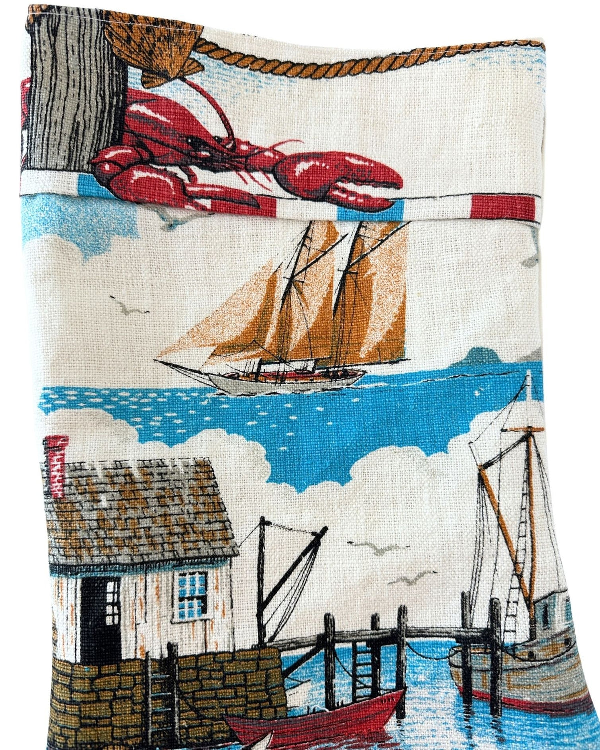 Maine Portland Head Light Nautical Lobster Vintage Hand Printed Linen Freshly Sewn Stocking