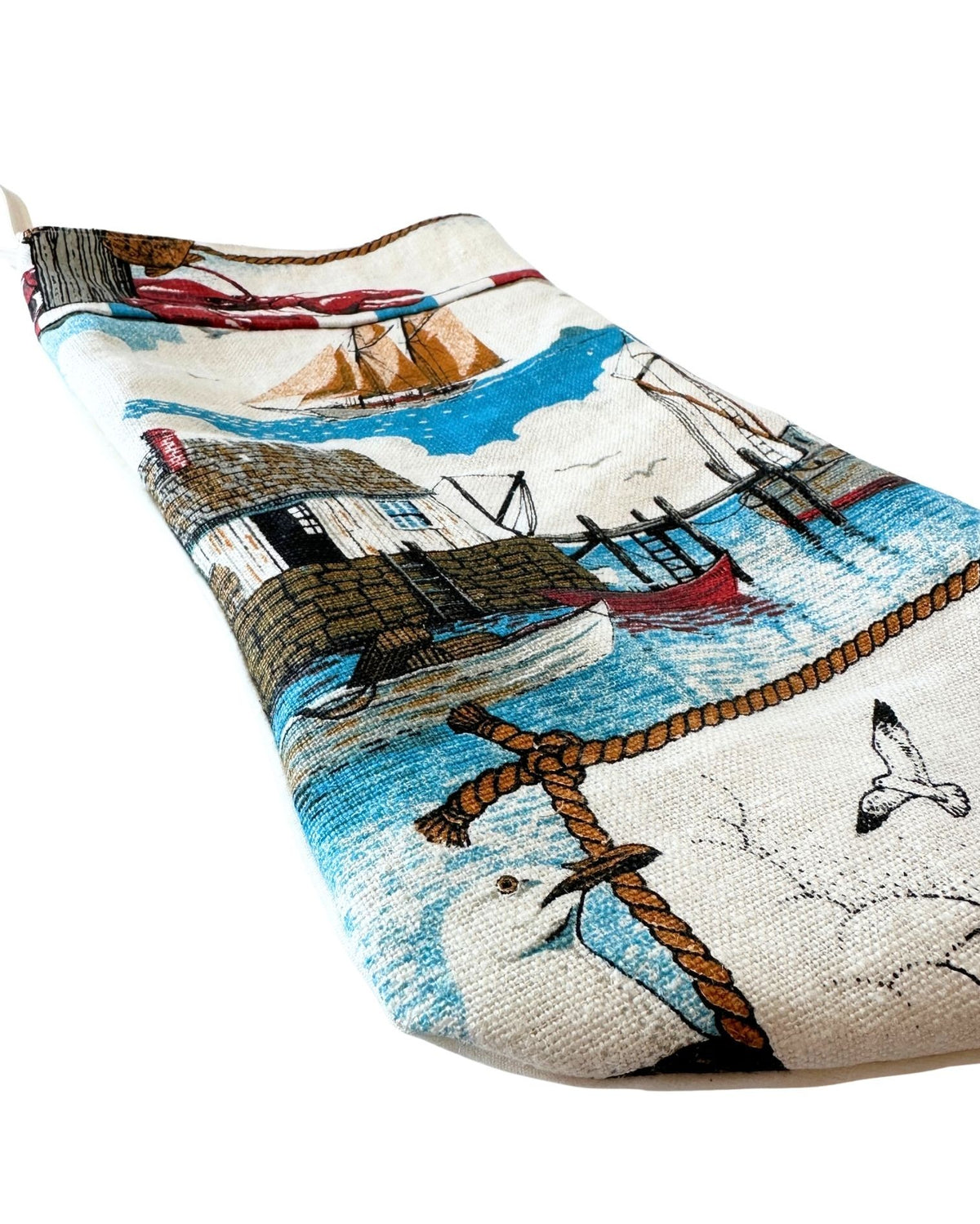 Maine Portland Head Light Nautical Lobster Vintage Hand Printed Linen Freshly Sewn Stocking