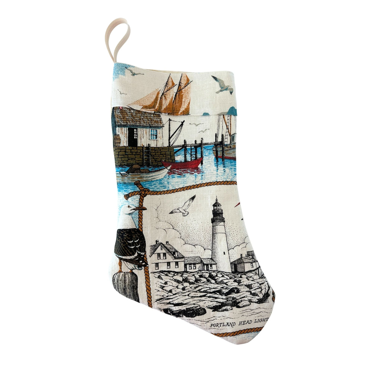 Maine Portland Head Light Nautical Vintage Hand Printed Linen Freshly Sewn Stocking
