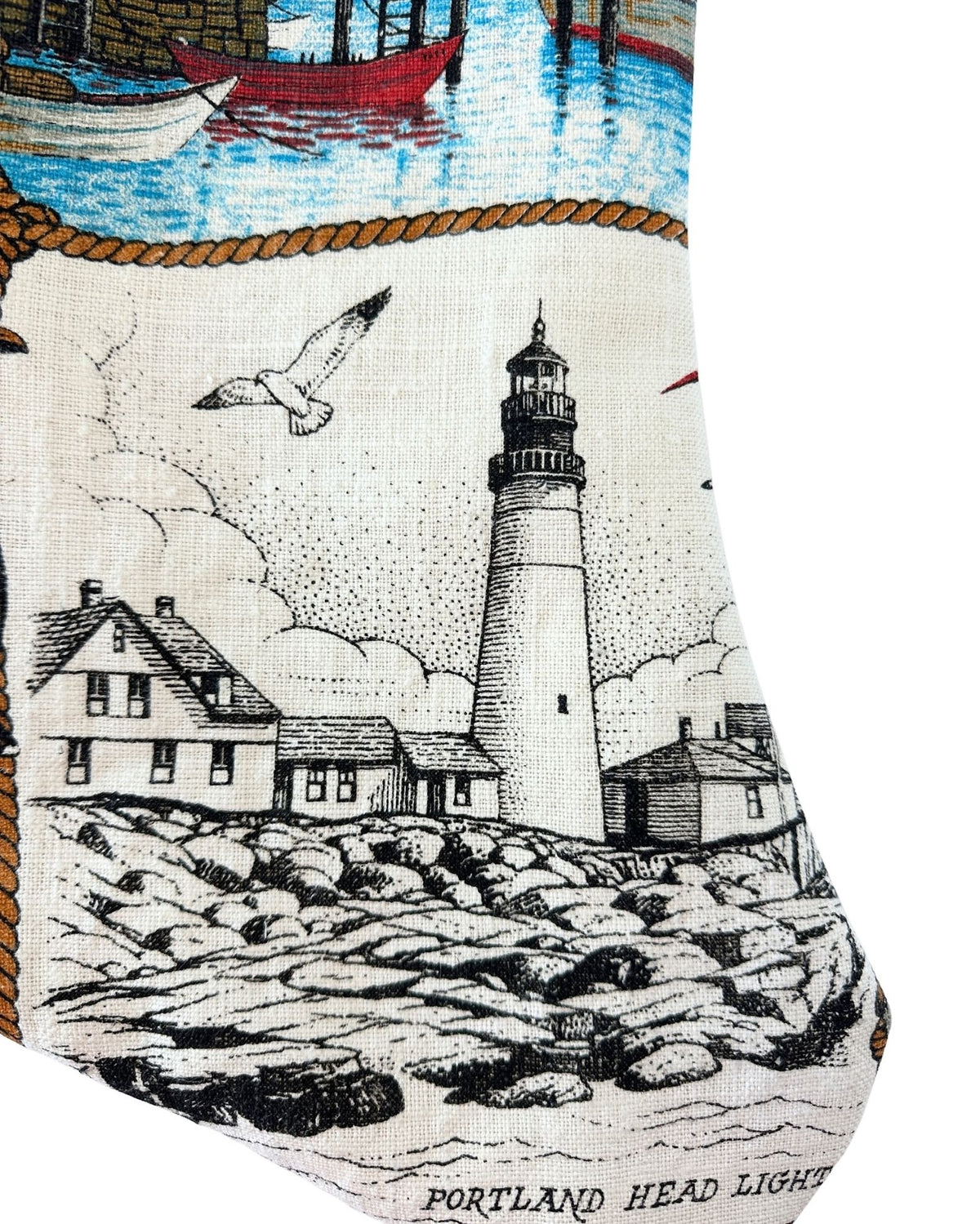 Maine Portland Head Light Nautical Vintage Hand Printed Linen Freshly Sewn Stocking
