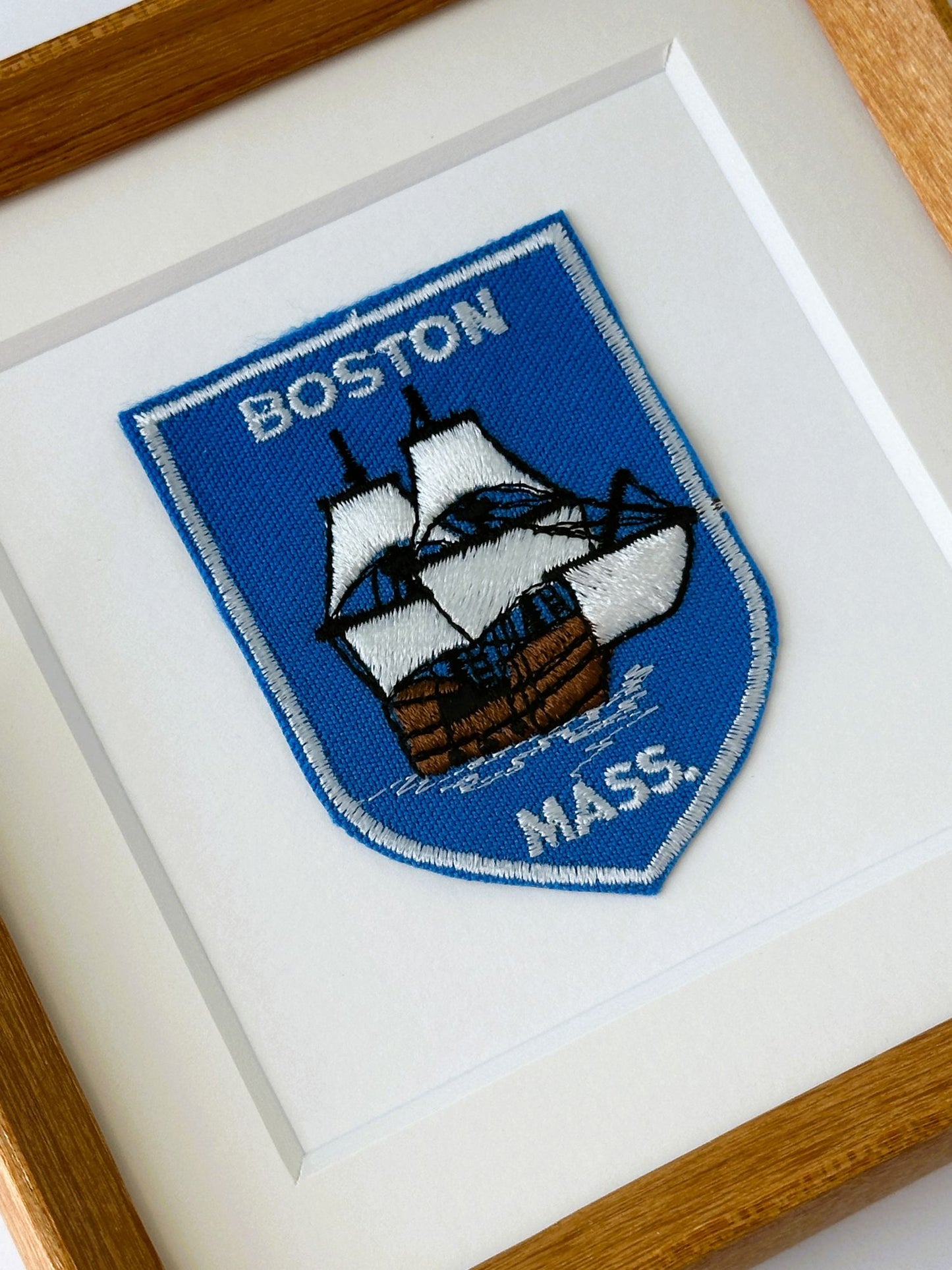 Massachusetts Boston Sailing Ship Vintage Travel Patch Wood Framed