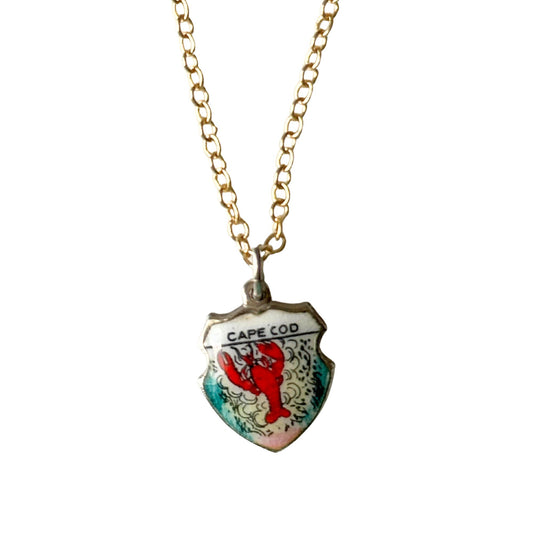 Massachusetts Cape Cod Lobster Vintage Fritz REU Sterling Silver Enamel Charm on New 18 Inch Gold Filled Necklace