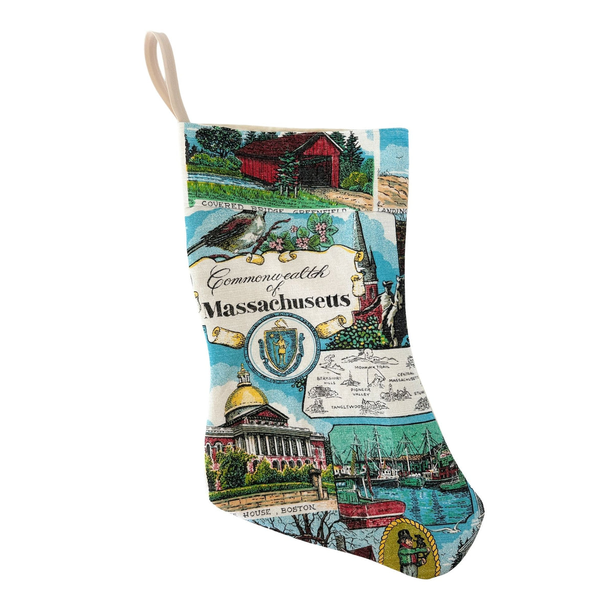 Massachusetts Historic Vintage Hand Printed Linen Freshly Sewn Stocking
