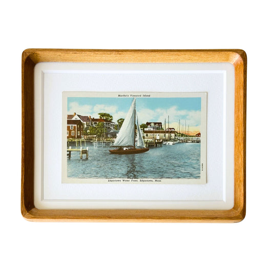 Massachusetts Martha's Vineyard Edgartown Sailboat Vintage Linen Postcard Wood Framed