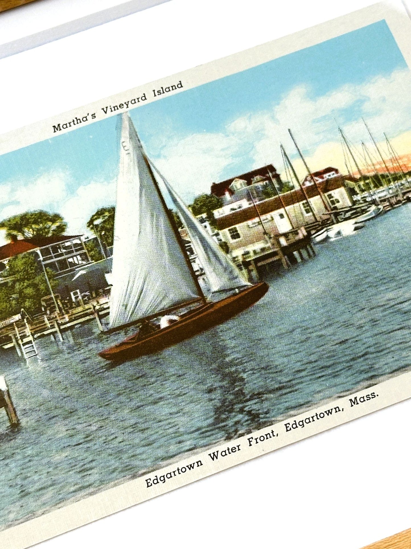 Massachusetts Martha's Vineyard Edgartown Sailboat Vintage Linen Postcard Wood Framed