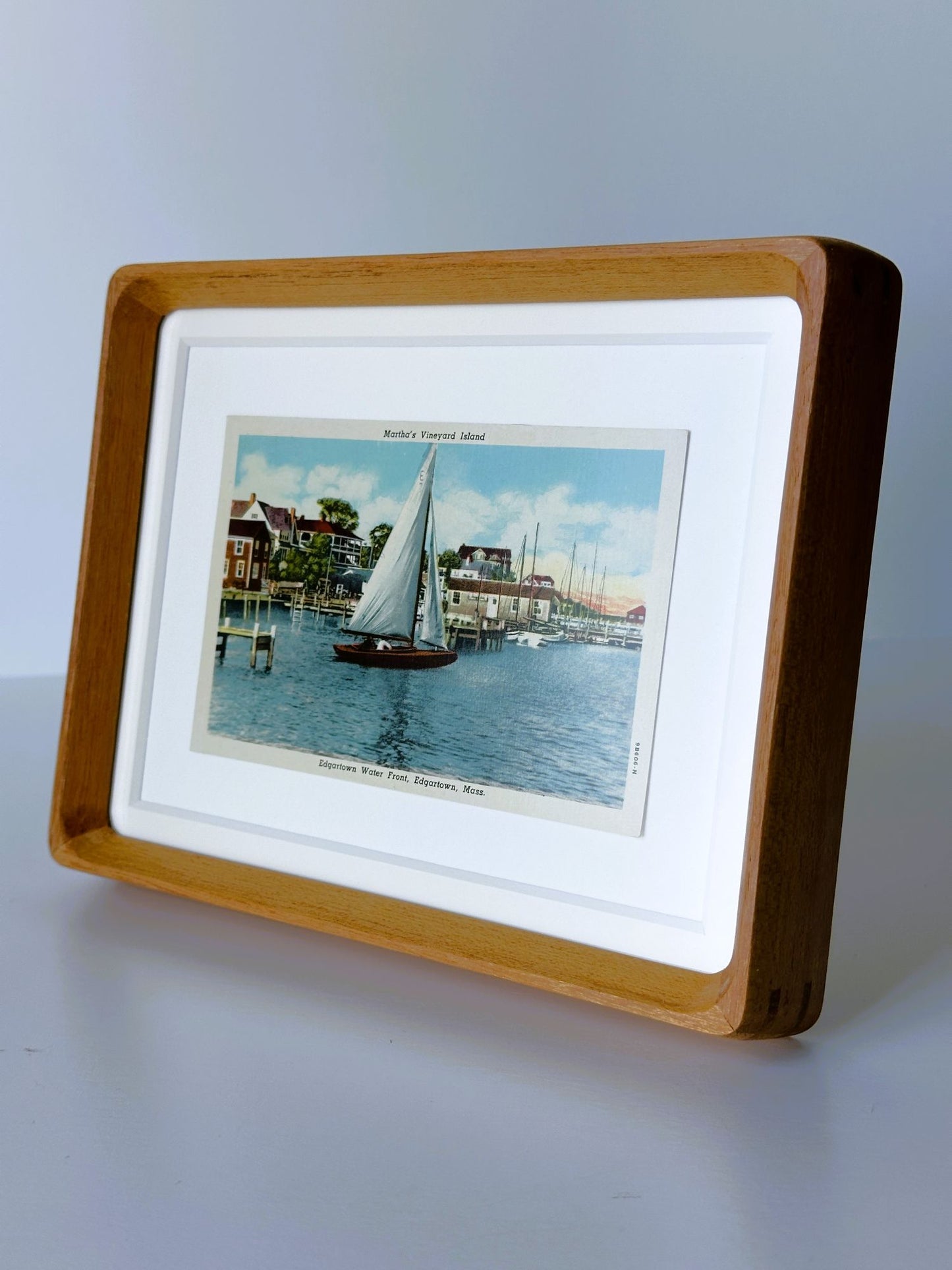 Massachusetts Martha's Vineyard Edgartown Sailboat Vintage Linen Postcard Wood Framed