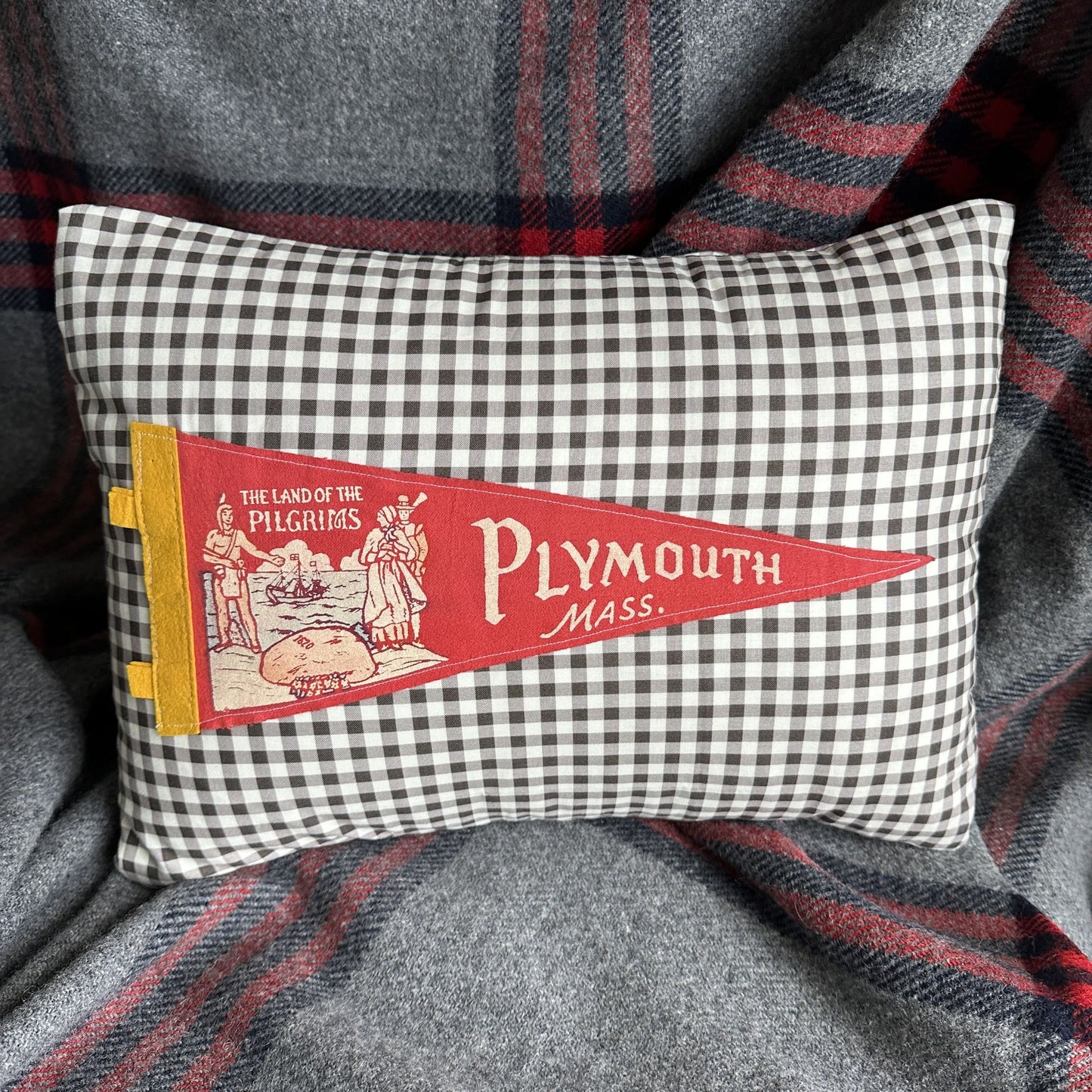 Massachusetts Plymouth Vintage Pennant on New Woven Throw Pillow