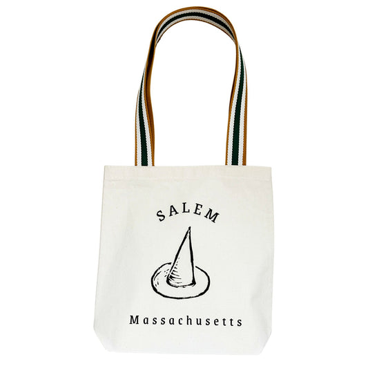 Massachusetts Salem Witch Hat Block Print Tote Bag Green Striped Straps