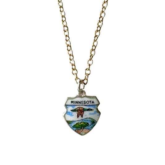 Minnesota Vintage Fritz REU Sterling Silver Enamel Charm on New 18 Inch Gold Filled Necklace