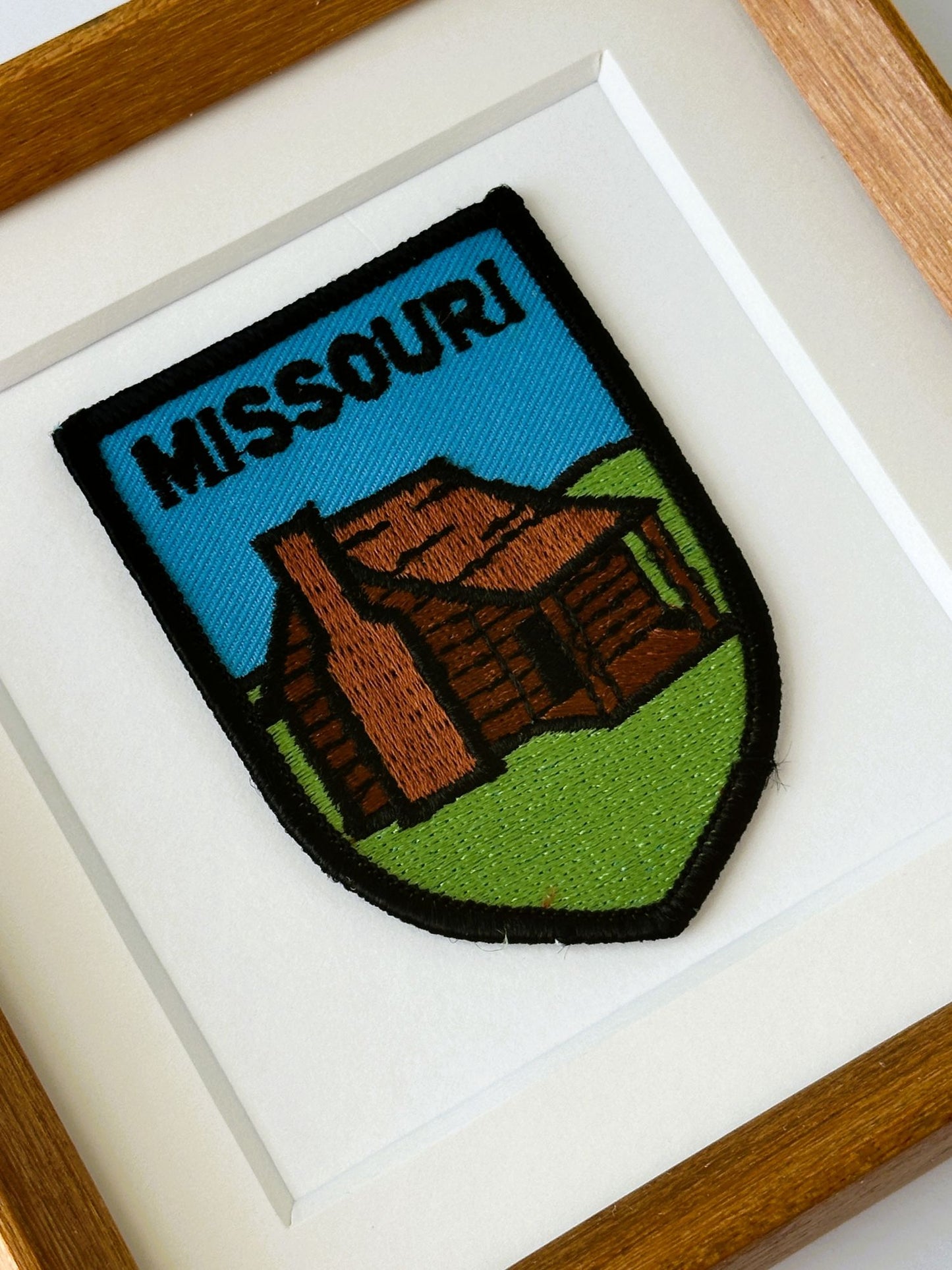 Missouri Log Cabin Framed Vintage Travel Patch Wood Framed