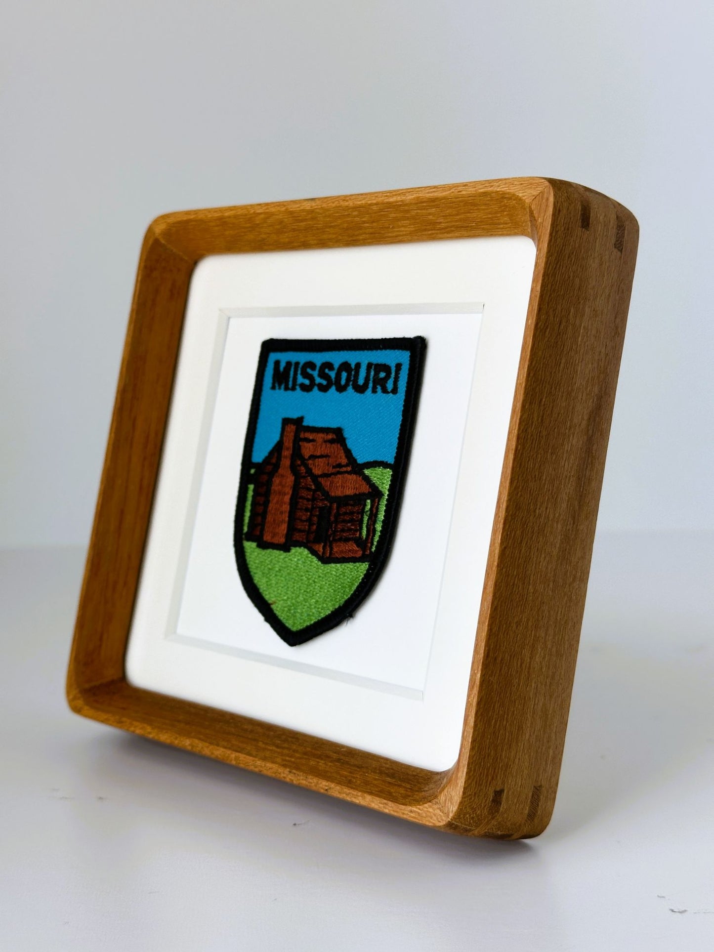 Missouri Log Cabin Framed Vintage Travel Patch Wood Framed