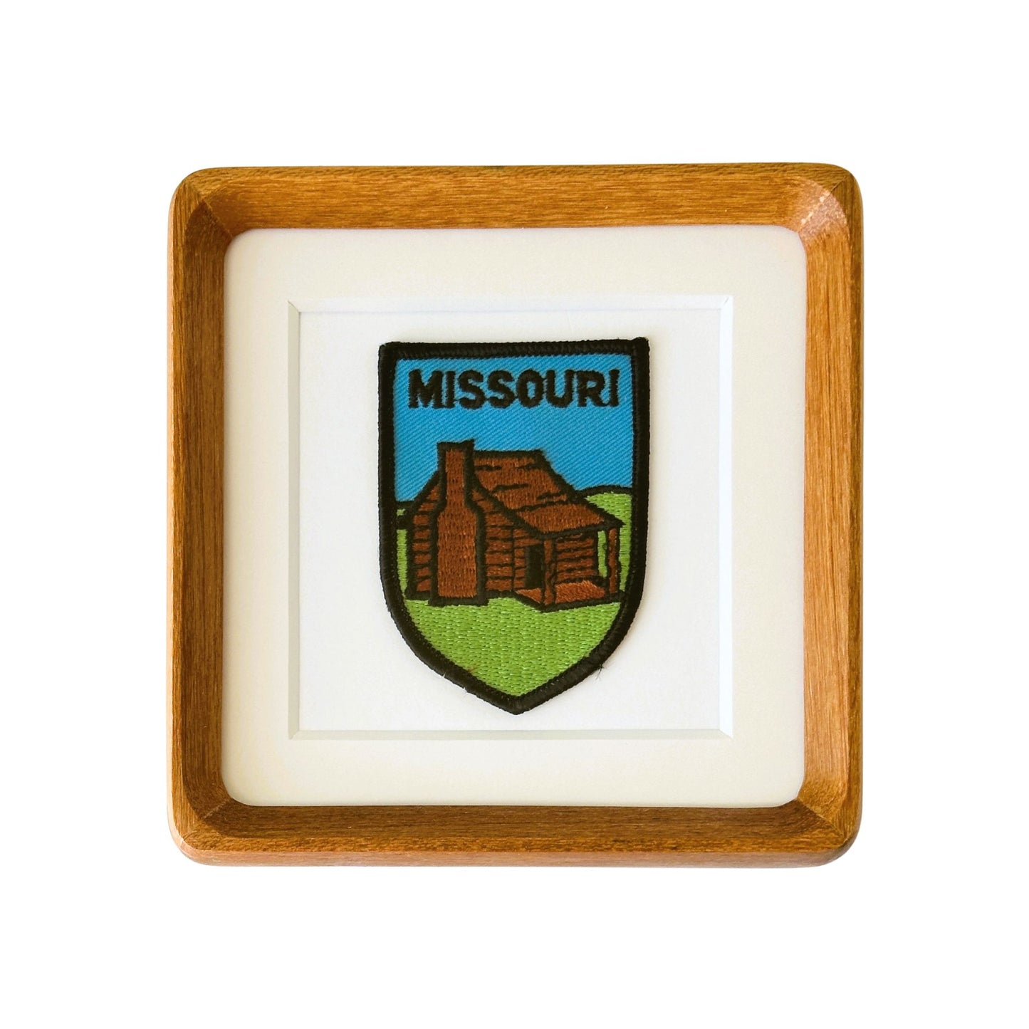 Missouri Log Cabin Framed Vintage Travel Patch Wood Framed