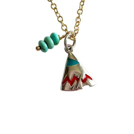 American Southwest Native American Vintage Charm on New 18 Inch Gold Filled Necklace with Turquoise Gemstone Beads