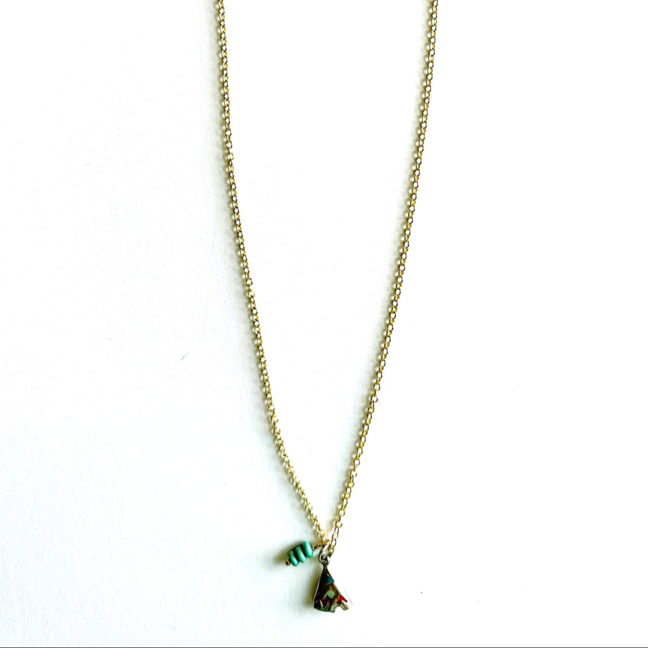 American Southwest Native American Vintage Charm on New 18 Inch Gold Filled Necklace with Turquoise Gemstone Beads