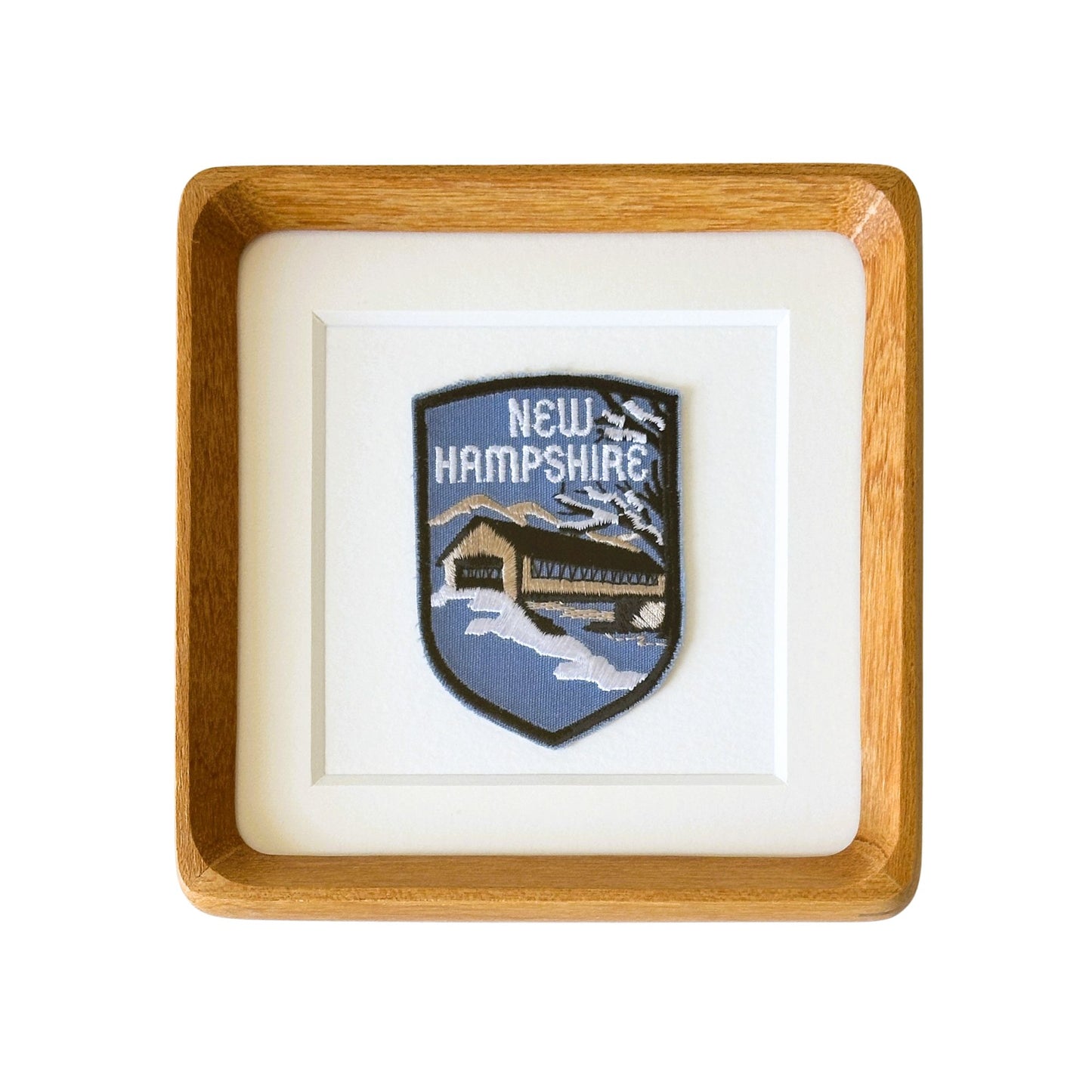 New Hampshire Snowy Covered Bridge Vintage Patch Wood Framed
