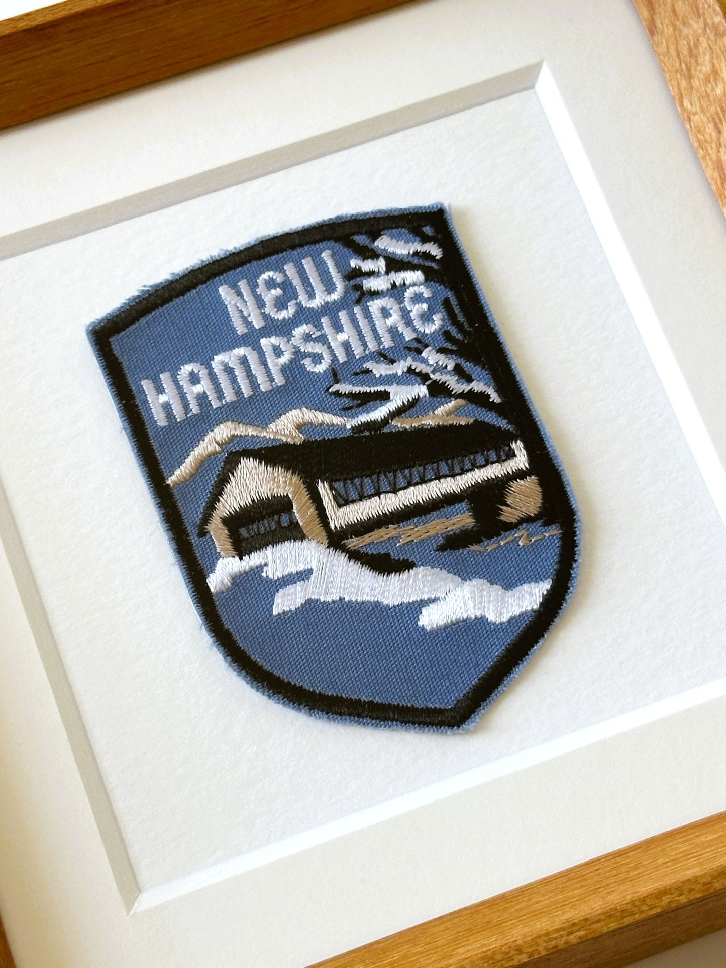 New Hampshire Snowy Covered Bridge Vintage Patch Wood Framed