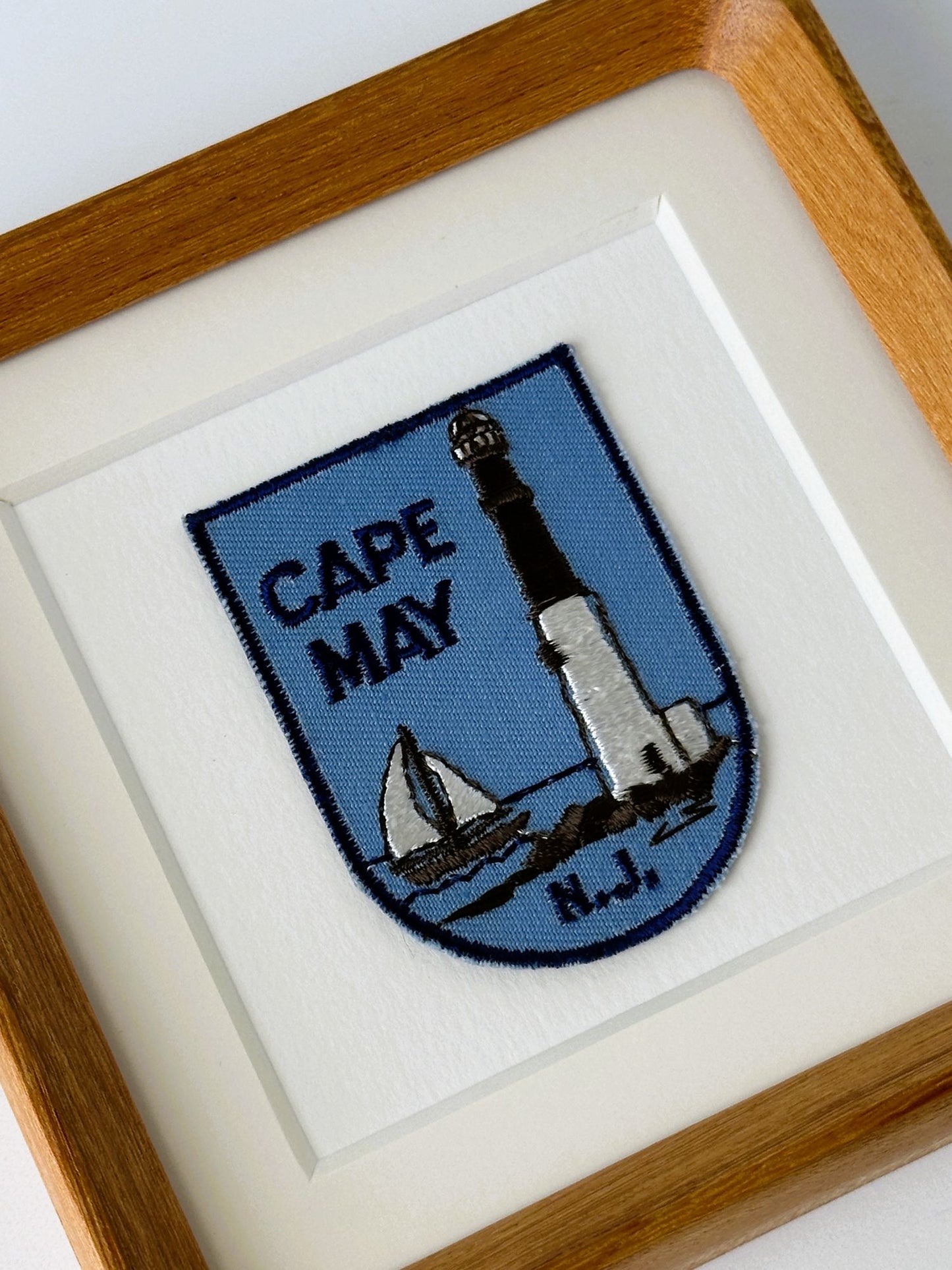 New Jersey Cape May Lighthouse Vintage Travel Patch Wood Framed