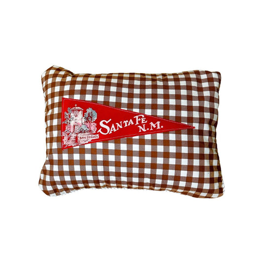 New Mexico Santa Fe Vintage Red Pennant on New Woven Brown Gingham Throw Pillow