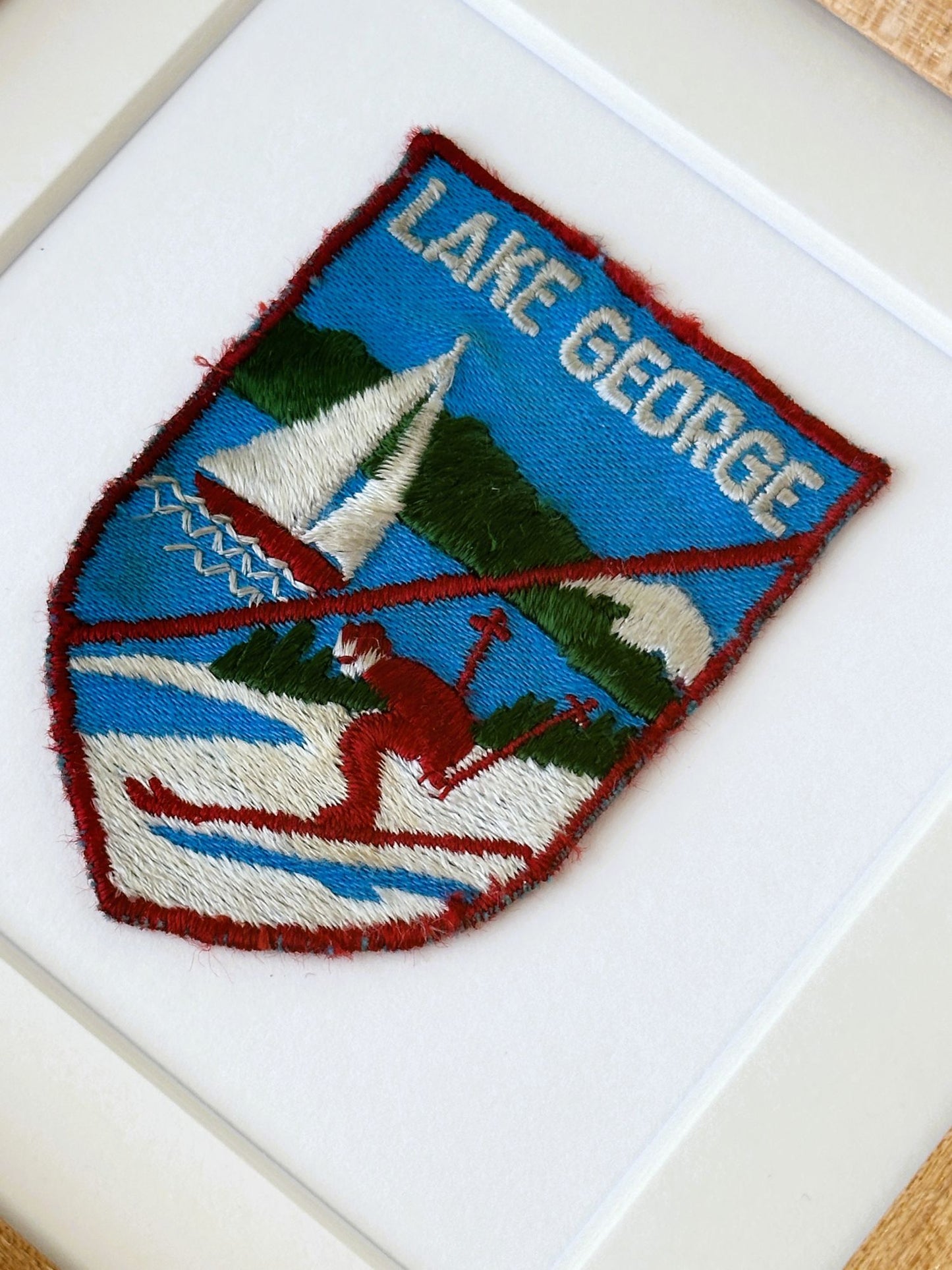 New York Lake George Sailboat and Ski Vintage Travel Patch Wood Framed