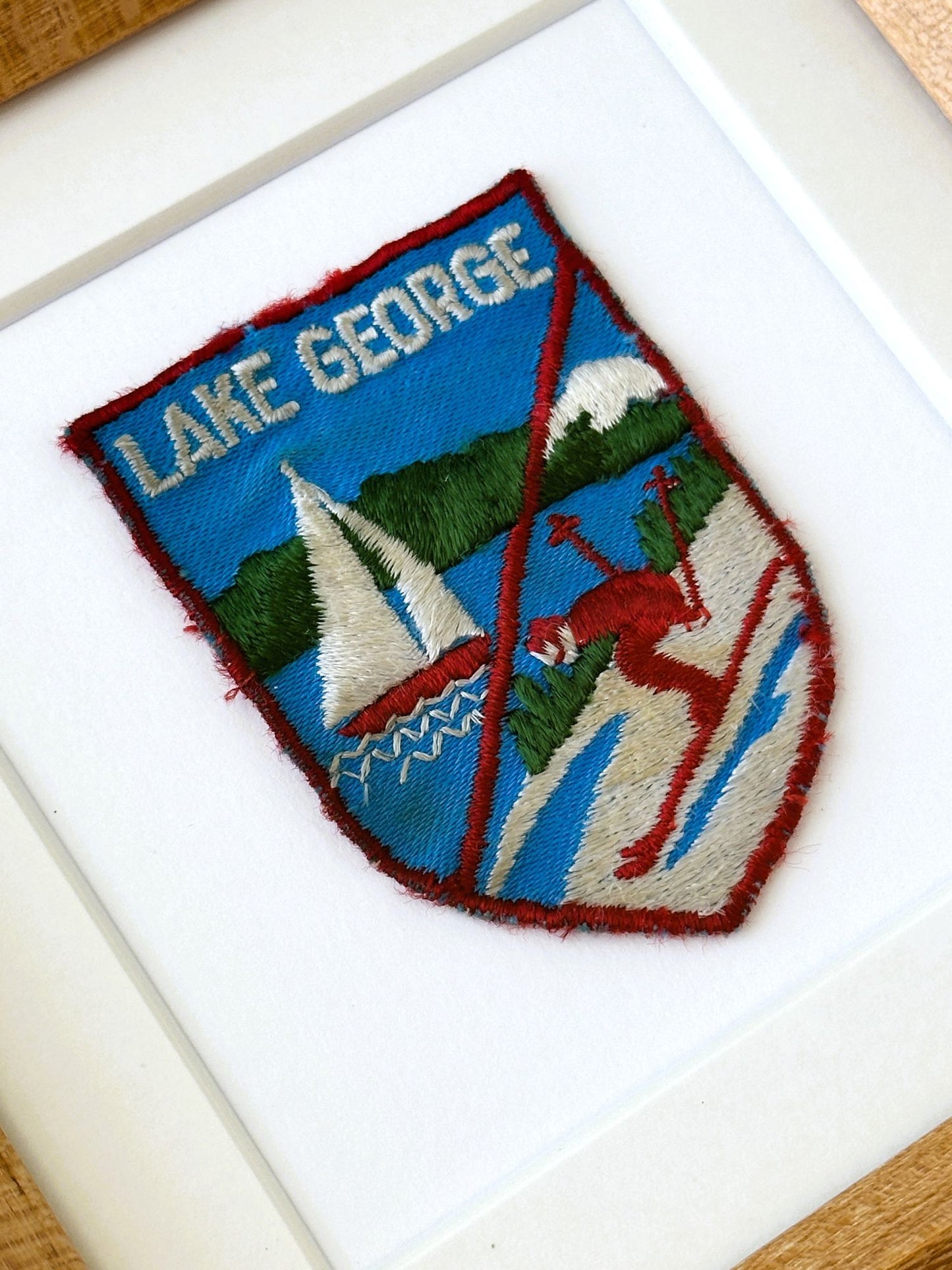 New York Lake George Sailboat and Ski Vintage Travel Patch Wood Framed