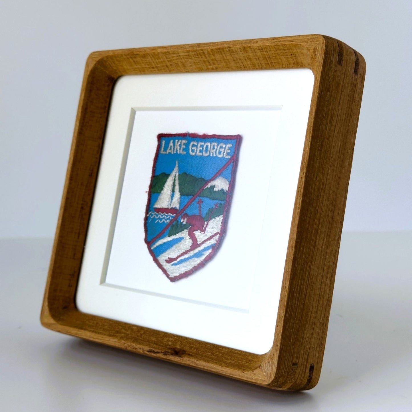 New York Lake George Sailboat and Ski Vintage Travel Patch Wood Framed