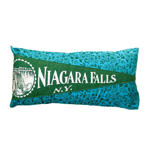 New York Niagra Falls Large Green Vintage Pennant on New Woven Floral Throw Pillow