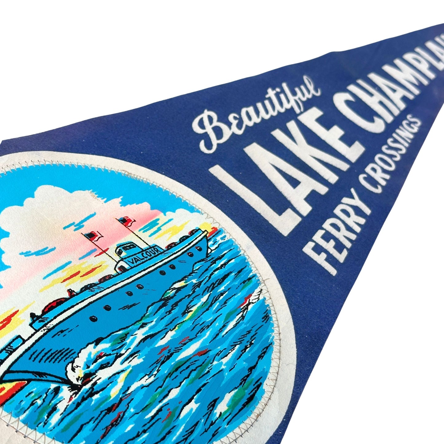 New York Vermont Lake Champlain Ferry Crossing Large Vintage Pennant