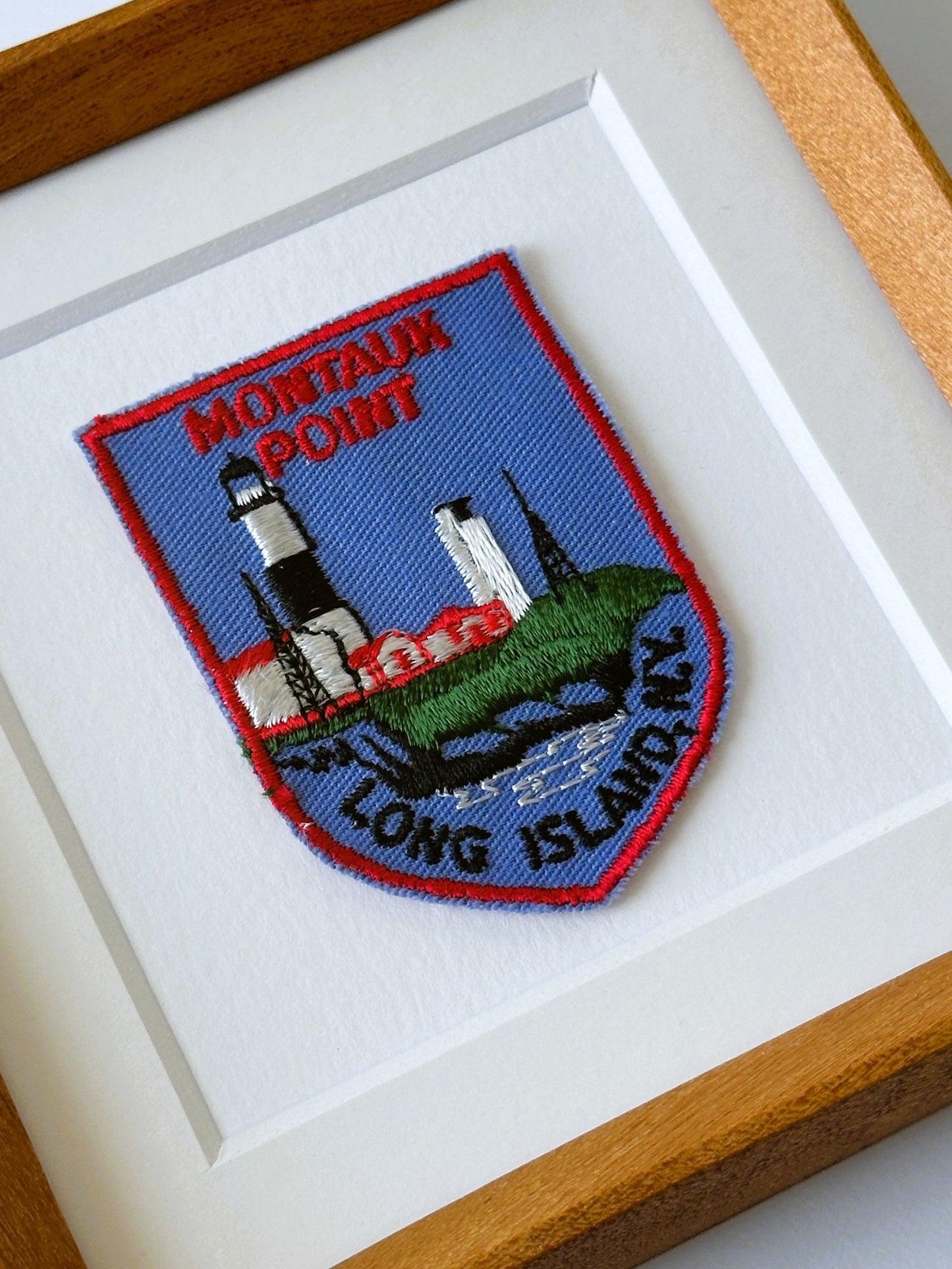 New York Long Island Montauk Point Lighthouse Vintage Travel Patch Wood Framed