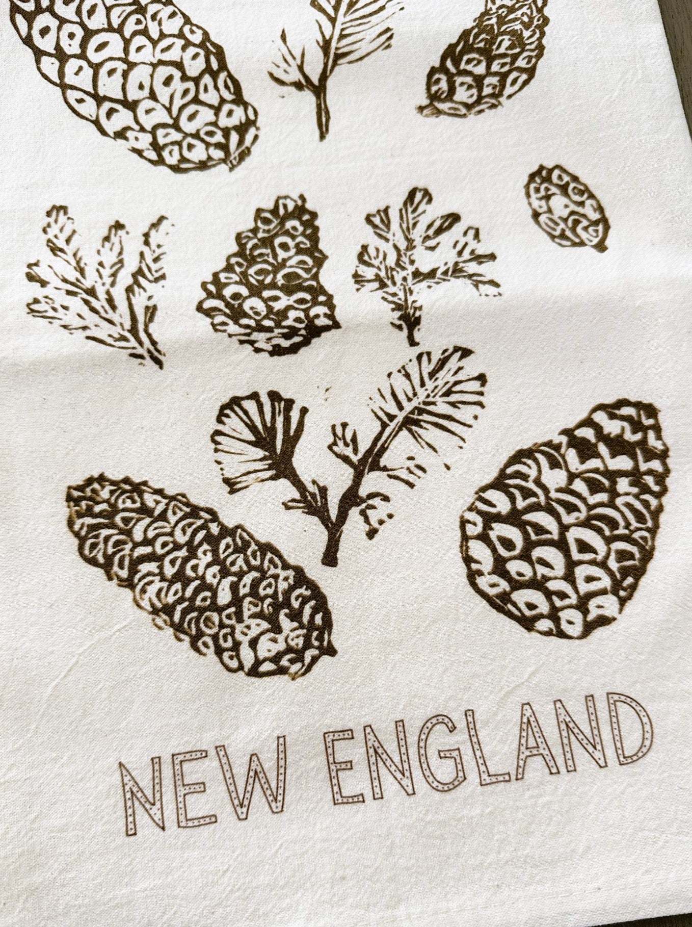 New England Pinecones Block Print Flour Sack Dish Towel