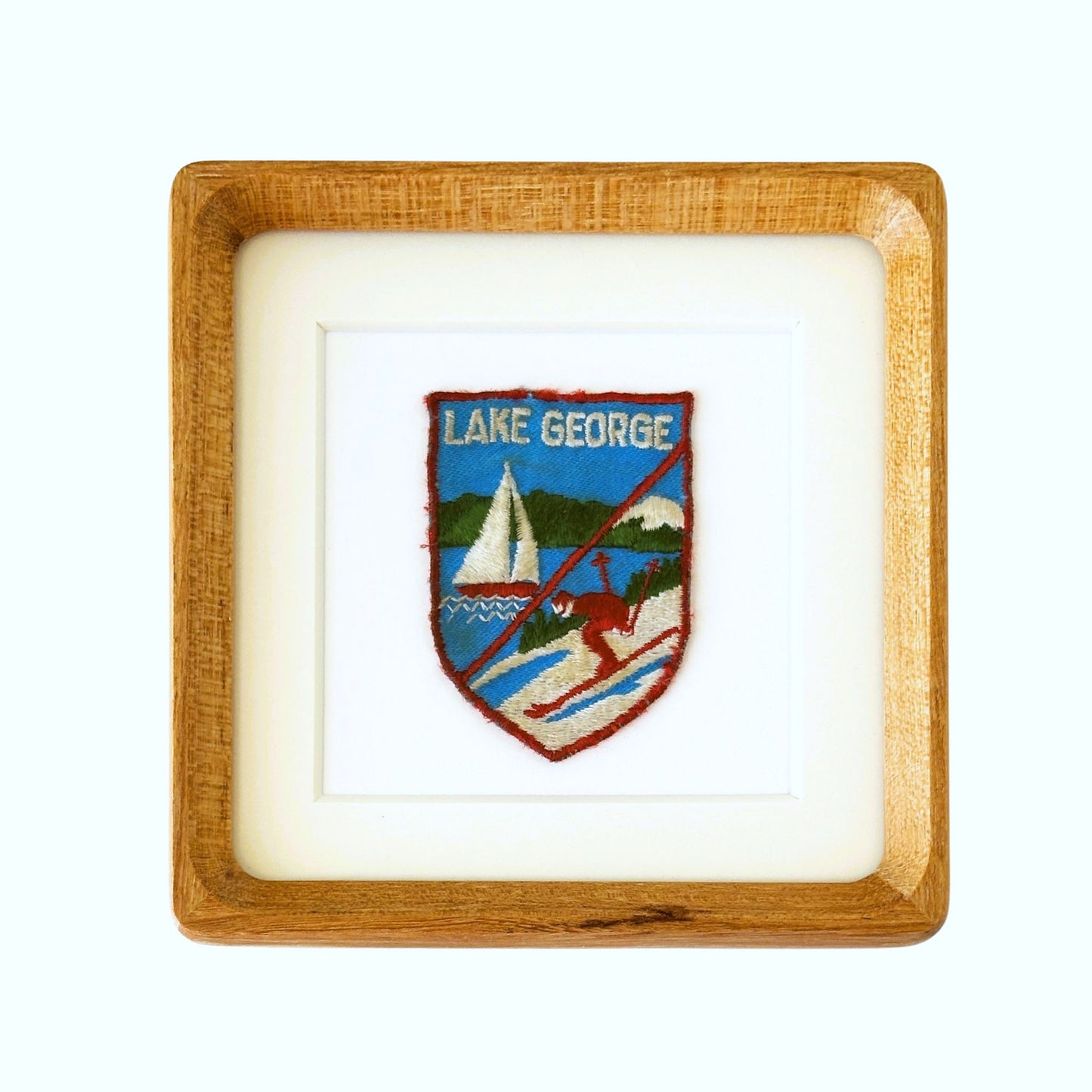 New York Lake George Sailboat and Ski Vintage Travel Patch Wood Framed
