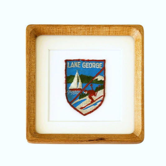 New York Lake George Sailboat and Ski Vintage Travel Patch Wood Framed